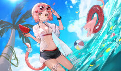 Rule 34 | 1girl, aito, animal, animal ears, arknights, arm up, ball, beachball, bikini, black shorts, blue sky, breasts, brown-tinted eyewear, brown eyes, cat, cat ears, cat girl, cat tail, cleavage, closed mouth, cloud, commentary request, day, eyewear on head, flower, flower on liquid, food, frilled bikini, frills, fruit, goldenglow (arknights), goldenglow (summer flowers) (arknights), hair ornament, hairclip, highres, holding, holding food, jacket, navel, open clothes, open jacket, outdoors, palm tree, parted bangs, petals, petals on liquid, pink hair, puffy short sleeves, puffy sleeves, red flower, short shorts, short sleeves, shorts, sky, small breasts, smile, solo, swimsuit, tail, tinted eyewear, tree, water, watermelon, watermelon slice, white bikini, white flower, white jacket, yellow flower