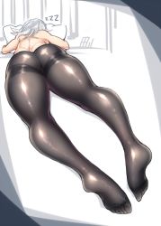 Rule 34 | 1girl, ass, back, bare arms, bare back, black pantyhose, commentary request, from behind, full body, highres, hip focus, izayoi sakuya, legs, lying, messy hair, no shoes, hugging object, on stomach, pantyhose, pillow, pillow hug, shiny clothes, shiny legwear, short hair, silver hair, sleeping, soles, solo, tajima yuuki, thick thighs, thighband pantyhose, thighs, toes, topless, touhou, white background, zzz