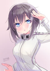 Rule 34 | 1girl, absurdres, artist logo, black hair, blue eyes, gradient background, hayasui (kancolle), highres, hizaka, jacket, kantai collection, looking at viewer, one-hour drawing challenge, short hair, solo, track jacket, upper body, white jacket