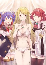 Rule 34 | 3girls, android, blonde hair, blush, bob cut, bra, breasts, brown eyes, changing clothes, cleavage, clenched hand, unworn clothes, dress, earrings, frilled hairband, frills, fujie-yz, gears, hair ribbon, hairband, hand on own chest, highres, index finger raised, jewelry, long hair, maid, maid headdress, multiple girls, mythra (xenoblade), open mouth, panties, poppi (xenoblade), poppi qt (xenoblade), pyra (xenoblade), red eyes, red ribbon, ribbon, short hair, smile, underwear, white bra, white panties, xenoblade chronicles (series), xenoblade chronicles 2, yellow eyes, yellow ribbon