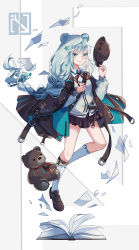 Rule 34 | 1girl, animal ears, arknights, bear ears, black footwear, black jacket, black skirt, blue eyes, blue hair, book, brown hat, cardigan, chinese commentary, commentary request, fedora, full body, grey cardigan, hair ornament, hat, highres, holding, holding clothes, holding hat, istina (arknights), jacket, kneehighs, long hair, looking at viewer, miniskirt, monocle, open clothes, open jacket, paper, partial commentary, pleated skirt, shoes, skirt, smile, socks, solo, star (symbol), star hair ornament, stuffed animal, stuffed toy, teddy bear, thighs, unworn hat, unworn headwear, white socks, yasuna (nanjiang)