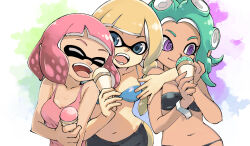 Rule 34 | 3girls, :d, ^ ^, aqua hair, bikini, bikini top only, black bikini, blonde hair, blue bikini, blue eyes, blue pupils, body freckles, breasts, cleavage, closed eyes, closed mouth, collarbone, fangs, food, freckles, highres, holding, holding food, holding ice cream, ice cream, ice cream cone, inkling, inkling girl, inkling player character, long hair, medium breasts, mint chocolate, multiple girls, muramasa mikado, navel, nintendo, octoling, octoling girl, octoling player character, open mouth, pink hair, pink tank top, pointy ears, purple eyes, purple pupils, short hair, smile, splatoon (series), splatoon 3, standing, strapless, strapless bikini, swimsuit, tank top, tentacle hair