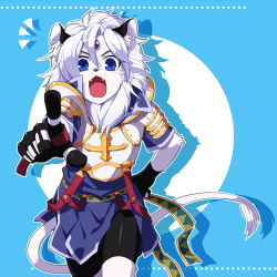 Rule 34 | 1boy, :o, animal ears, armor, ars goetia, blue background, blue eyes, cat boy, cat ears, cat tail, colored skin, fang, forehead jewel, furry, furry male, gloves, hand on own hip, kyousaku, lowres, male focus, mygrimoire, original, pointing, purson (mygrimoire), shadow, shirt, shorts, solo, tail, white hair, white skin