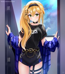 Rule 34 | 1girl, artist name, belt, belt buckle, black belt, black choker, black hairband, black shirt, black shorts, blonde hair, blue jacket, blue sky, blush, breasts, buckle, chain, choker, cloud, commentary request, cowboy shot, dokibird (vtuber), doorway, gluteal fold, gold chain, gold necklace, green eyes, hair between eyes, hair ornament, hairband, helvetica std, highres, indie virtual youtuber, jacket, jewelry, light rays, long hair, medium breasts, necklace, open door, patreon username, shirt, shorts, side ponytail, sky, smile, solo, star (symbol), star hair ornament, sunbeam, sunlight, thigh gap, thigh strap, thighs, x hair ornament
