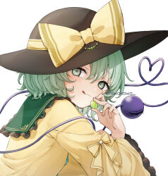 Rule 34 | 1girl, :q, black hat, blush, closed mouth, commentary request, food, frilled sleeves, frills, fruit, grapes, green eyes, green hair, hair between eyes, hat, hat ribbon, heart, heart of string, holding, holding food, honotai, koishi day, komeiji koishi, licking lips, long sleeves, looking at viewer, ribbon, shirt, short hair, simple background, smile, solo, third eye, tongue, tongue out, touhou, tsurime, twitter username, white background, wide sleeves, yellow ribbon, yellow shirt