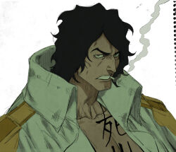 Rule 34 | 1boy, aramaki (ryokugyu), bake ryori, black hair, chest tattoo, cigarette, coat, coat on shoulders, curly hair, epaulettes, high collar, highres, looking at viewer, muscular, muscular male, one piece, open clothes, short hair, simple background, smoking, tattoo, v-shaped eyebrows, white coat