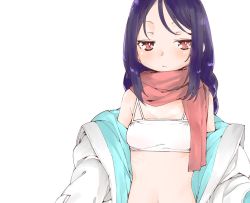 Rule 34 | 1girl, akitsuki itsuki, bikini, blush, bra, closed mouth, coat, copyright request, jitome, looking at viewer, purple hair, red eyes, simple background, solo, standing, swimsuit, two-sided coat, two-sided fabric, underwear, upper body, white background, white bikini, white bra
