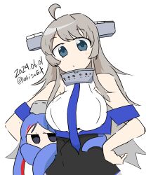 Rule 34 | 1girl, 1other, ahoge, animalization, blue necktie, breasts, commentary request, dress shirt, grey eyes, grey hair, hands on own hips, headgear, highres, kantai collection, large breasts, long hair, necktie, octopus, one-hour drawing challenge, shiki kyouzoku, shirt, simple background, sleeveless, sleeveless shirt, south dakota (kancolle), washington (kancolle), white background, white shirt