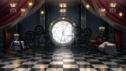 Rule 34 | analog clock, azuma hatori, blanket, candelabra, candle, candlestand, checkered floor, clock, couch, curtains, empty picture frame, gears, hanging light, highres, indoors, lantern, no humans, official art, picture frame, prince kingdom, scenery, silk, spider web, table, tablecloth