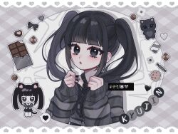 Rule 34 | 1girl, :o, animal ears, animification, black eyes, black hair, black necktie, candy, cat ears, cat girl, cat tail, character name, chibi, chibi inset, chocolate, chocolate heart, cookie, emoji, food, furrification, furry, furry female, grey sweater, hair behind ear, heart, highres, holding, holding hair, k-pop, kyujin (nmixx), long hair, looking at viewer, nail polish, necktie, nmixx, o bianyi didi shu o, open mouth, real life, sleeves past wrists, solo, speech bubble, spoken heart, sweater, tail, twintails
