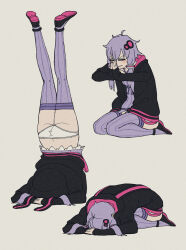 Rule 34 | 1girl, ahoge, anklet, ass, begging, black hoodie, blush, byackopath (artist), closed eyes, closed mouth, commentary request, criss-cross halter, dogeza, dress, full body, hair ornament, halter dress, halterneck, handstand, highres, hood, hood down, hoodie, jewelry, long hair, meme, multiple views, open clothes, open hoodie, own hands together, palms together, panties, purple dress, purple hair, purple thighhighs, sad cat dance (meme), seiza, shoes, short dress, short hair with long locks, sitting, thighhighs, underwear, v-shaped eyebrows, vocaloid, voiceroid, white panties, yuzuki yukari