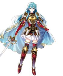 Rule 34 | 1girl, armor, asatani tomoyo, breastplate, cape, eirika (fire emblem), fire emblem, fire emblem: the sacred stones, fire emblem heroes, full body, gloves, highres, holding, holding cape, holding clothes, holding sword, holding weapon, long hair, nintendo, official art, short sleeves, shoulder pads, skirt, solo, standing, sword, thighhighs, transparent background, weapon, zettai ryouiki
