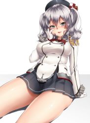 Rule 34 | 10s, 1girl, :3, beret, blue eyes, blush, breasts, head rest, epaulettes, female focus, gloves, hat, kantai collection, kashima (kancolle), keita (tundereyuina), large breasts, long hair, looking at viewer, military, military uniform, open mouth, sidelocks, silver hair, sitting, skirt, smile, solo, twintails, uniform, wavy hair, white gloves