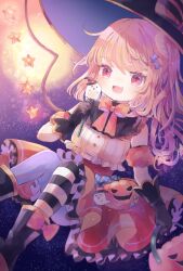 Rule 34 | 1girl, bat wings, blonde hair, bow, bowtie, crystal, flandre scarlet, ghost, halloween, halloween costume, happy halloween, hat, highres, hiyuu (hiyualice), multicolored wings, one side up, open mouth, pumpkin, red eyes, side ponytail, skirt, solo, teeth, thighhighs, touhou, wings, witch hat, yellow skirt