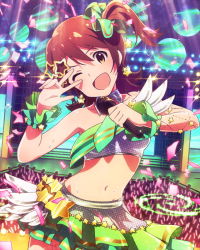 Rule 34 | 10s, 1girl, ;d, audience, bare shoulders, brown eyes, brown hair, confetti, earrings, glowstick, hair ornament, idolmaster, idolmaster million live!, jewelry, kasuga mirai, looking at viewer, lots of jewelry, microphone, musical note, navel, official art, one eye closed, one side up, open mouth, side ponytail, smile, solo, stage, star (symbol), star hair ornament, sweat, v, wireless