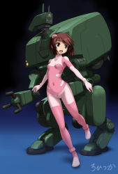 Rule 34 | 1girl, black background, blue background, blush, bodysuit, breasts, brown eyes, brown hair, commentary request, covered collarbone, covered navel, dot nose, gradient background, hair ornament, head tilt, looking away, looking to the side, medium breasts, open mouth, original, pink bodysuit, robot, rohitsuka, signature, solo, standing, standing on one leg, two-tone bodysuit