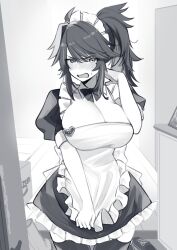 Rule 34 | 1girl, ahoge, alternate costume, apron, apron tug, blush, bow, bowtie, breasts, character name, cleavage, commentary request, cowboy shot, doorway, embarrassed, frilled apron, frills, greyscale, hair between eyes, high ponytail, highres, isuka, kson, large breasts, long hair, looking at viewer, maid, maid apron, maid headdress, mole, mole under eye, monochrome, open mouth, pov doorway, short sleeves, sidelocks, single hair intake, solo, sweatdrop, thighhighs, virtual youtuber, vshojo