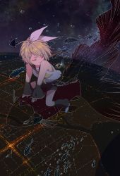 Rule 34 | 1girl, artist request, bare shoulders, belt, blonde hair, blue eyes, bow, bubble, city lights, detached sleeves, eyelashes, fantasy, fish, flying, flying fish, hair bow, hair ornament, hairclip, highres, horizon, kagamine rin, leg warmers, light particles, nail polish, night, outline, riding, sailor collar, short hair, shorts, sky, sparkle, star (sky), starry sky, surreal, transparent, vocaloid, yellow nails