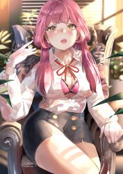 1girl, absurdres, aru (blue archive), bangs, blue archive, blush, bra, breasts, chair, cleavage, eyebrows visible through hair, gloves, hani haya, highres, horns, huge filesize, long hair, looking at viewer, open mouth, pencil skirt, pink bra, pink hair, sitting, skirt, solo, teeth, twintails, underwear, white gloves, yellow eyes