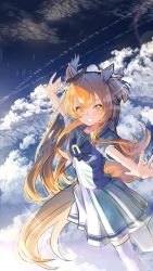 Rule 34 | 1girl, airplane arms, animal ears, blush, cloud, commentary request, contrail, feet out of frame, floating, highres, horse ears, horse girl, horse tail, lens flare, long hair, looking at viewer, mayano top gun (umamusume), orange hair, outstretched arms, purple shirt, sailor collar, school uniform, shirt, short sleeves, skirt, smile, solo, spread arms, tail, thighhighs, tracen school uniform, two side up, umamusume, white skirt, white thighhighs, yomean!
