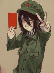 Rule 34 | 1girl, black hair, book, buttons, chainsaw man, cultural revolution, expressionless, female focus, green hat, green jacket, hat, holding, holding book, jacket, looking at viewer, medium hair, military uniform, mole, mole under eye, mossacannibalis, nayuta (chainsaw man), quotations from chairman mao zedong, red guard, red star, simple background, sketch, solo, standing, star (symbol), uniform, v, yellow background, yellow eyes