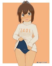 Rule 34 | 10s, 1girl, blue one-piece swimsuit, blush, brown eyes, brown hair, capriccyo, character name, clothes lift, facing viewer, highres, i-401 (kancolle), kantai collection, lifting own clothes, one-piece swimsuit, orange background, ponytail, school swimsuit, short hair, short ponytail, solo, standing, sweater, sweater lift, swimsuit, swimsuit under clothes, tan, tanline, twitter username