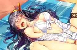 Rule 34 | 1girl, alternate costume, armpit crease, beach mat, bikini, black hair, blush, breasts, cleavage, closed eyes, clothed sex, collarbone, day, eyes visible through hair, hair ornament, hairband, hairclip, haruna (kancolle), headgear, heart, highres, implied sex, kantai collection, large breasts, long hair, navel, open mouth, outdoors, parka, partially unzipped, saliva, saliva trail, shiny skin, skindentation, solo, spread legs, stomach, swimsuit, tearing up, thigh strap, thighs, tsukui kachou, white bikini, white parka