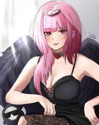 Rule 34 | 1girl, absurdres, breasts, crown, ear piercing, earrings, flower, highres, hololive, hololive english, jewelry, lace, leaning to the side, long hair, model, mori calliope, piercing, pink eyes, pink hair, rose, veil, virtual youtuber, wings