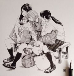 Rule 34 | 3girls, bad id, bad twitter id, bag, bag charm, black hair, bob cut, charm (object), collared shirt, fish, hiro (dismaless), kneehighs, leaning on person, leaning to the side, miniskirt, monochrome, multiple girls, necktie, nib pen (object), original, own hands together, pen, pleated skirt, school bag, school uniform, shirt, shoulder bag, sitting, skirt, sleeves rolled up, socks, striped necktie, swept bangs