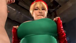 Rule 34 | 1girl, animated, animated gif, blonde hair, breasts, breasts out, cammy white, cammy white (cosplay), cosplay, fingerless gloves, gloves, large breasts, mide-248, moodyz, nipples, okita anri, photo (medium), street fighter
