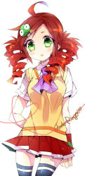 Rule 34 | 1girl, ahoge, andou ringo, arm behind back, character name, drill hair, green eyes, hair ornament, hairclip, heart, heart of string, madou monogatari, necktie, no nose, puyopuyo, puyopuyo 7, red hair, school uniform, sgawarananto, short hair, skirt, solo, sweater vest, thighhighs, twin drills, twintails, white background