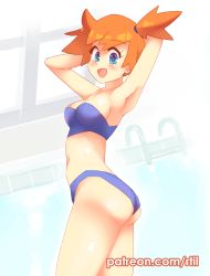 Rule 34 | 1girl, :d, armpits, arms behind head, arms up, ass, bare arms, bare shoulders, bikini, blue bikini, breasts, commentary, cowboy shot, creatures (company), english commentary, game freak, medium breasts, misty (pokemon), nintendo, open mouth, orange hair, patreon username, pinup (style), pokemon, pokemon rgby, rei no pool, rtil, short hair, short ponytail, smile, solo, swimsuit, thighs