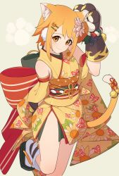 Rule 34 | 1girl, absurdres, animal ears, blonde hair, cat ears, cat girl, cat tail, highres, hiyori (princess connect!), japanese clothes, kimono, princess connect!, smile, tail, tissuebox (artist), yellow eyes