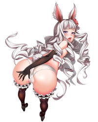 Rule 34 | 1girl, :d, animal ears, ass, ass grab, bent over, black gloves, black thighhighs, bluehole studio, cameltoe, cleft of venus, drill hair, elbow gloves, elin, flat chest, flower, frilled thighhighs, frills, from behind, gloves, hair flower, hair ornament, highres, long hair, looking at viewer, looking back, lucknight, naughty face, nipples, open mouth, panties, partially visible vulva, petite, purple eyes, rabbit ears, rabbit tail, silver hair, smile, solo, tail, tera online, thighhighs, tongue, tongue out, topless, underwear, very long hair, white panties