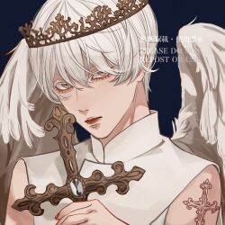 Rule 34 | 1boy, angel, angel wings, arm tattoo, bishounen, blue background, commission, cross, cross tattoo, crown, feathered wings, hair between eyes, high collar, highres, holding, holding cross, kagoya1219, looking at viewer, male focus, original, portrait, short hair, simple background, sleeveless, solo, tattoo, watermark, white hair, white wings, wings