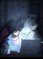 Rule 34 | 1boy, absurdres, arcanine, closed mouth, coat, commentary request, computer, creatures (company), dog, game freak, gen 1 pokemon, gen 4 pokemon, glasses, hand up, highres, holding, indoors, jacq (pokemon), laptop, male focus, nintendo, open clothes, open coat, pitta (oshirinokeeeee), pokemon, pokemon (creature), pokemon sv, rotom, rotom phone, shirt, short hair, smile, sticky note, striped clothes, striped shirt