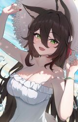 1girl animal_ears bracelet breasts brown_hair cleavage dress fang fugue_(honkai:_star_rail) green_eyes hat highres honkai:_star_rail honkai_(series) jewelry long_hair looking_at_viewer medium_breasts nail_polish night_known open_mouth red_nails skin_fang smile solo tingyun_(honkai:_star_rail) upper_body white_dress