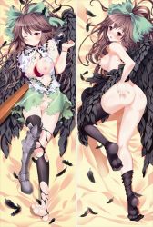 Rule 34 | 1girl, arm cannon, ass, bare shoulders, black hair, black thighhighs, bluetheater, bow, grabbing another&#039;s breast, breasts, dakimakura (medium), feet, female focus, grabbing, hair bow, long hair, nipples, open mouth, pussy, red eyes, reiuji utsuho, sideboob, solo, tears, teeth, thighhighs, thighs, tongue, torn clothes, torn thighhighs, touhou, uncensored, weapon, wince, wings