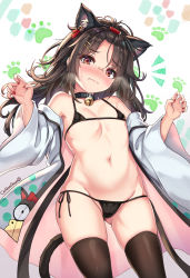 Rule 34 | 1girl, animal ears, bandaid, bandaid on face, bandaid on nose, bangs pinned back, bare shoulders, bell, bikini, black bikini, black hair, black thighhighs, blush, breasts, c-ms (girls&#039; frontline), c-ms (the wonderful adventures of goose) (girls&#039; frontline), cat ears, cat girl, cat tail, cenangam, claw pose, collar, collarbone, detached sleeves, frown, girls&#039; frontline, gluteal fold, groin, highres, jingle bell, long sleeves, looking at viewer, micro bikini, nail polish, navel, official alternate costume, parted bangs, parted lips, red eyes, red nails, side-tie bikini bottom, small breasts, solo, stomach, swimsuit, tail, thighhighs, wide sleeves