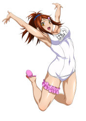 Rule 34 | 1girl, arms up, bachou mouki, breasts, brown hair, covered navel, female focus, ikkitousen, jumping, bridal garter, name tag, official art, one-piece swimsuit, open mouth, school swimsuit, simple background, solo, swimsuit, white background, white school swimsuit, white one-piece swimsuit