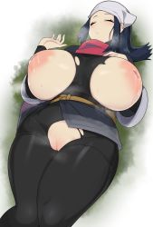 Rule 34 | 1girl, akari (pokemon), alternate breast size, black hair, breasts, chamchami, cleft of venus, closed eyes, creatures (company), curvy, fat mons, game freak, highres, huge breasts, inverted nipples, lactation, large areolae, long hair, lying, nintendo, nipples, no bra, on back, pokemon, pokemon legends: arceus, pussy, sleeping, solo, thick thighs, thighs, torn clothes, torn legwear, uncensored, wide hips