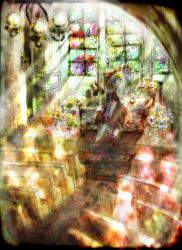Rule 34 | 1girl, altar, blonde hair, blue eyes, bow, candle, chandelier, church, closed umbrella, cross, doll, expressionless, flower, hair ribbon, highres, light rays, light trail, lily of the valley, looking back, medicine melancholy, medinki, pew, pillar, puffy short sleeves, puffy sleeves, red footwear, red skirt, ribbon, ribbon-trimmed clothes, ribbon-trimmed skirt, ribbon trim, shoes, short hair, short sleeves, skirt, socks, solo, stained glass, stairs, su-san, sunflower, sunlight, touhou, umbrella, zun (style)