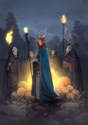 Rule 34 | 1girl, 4others, antlers, cape, closed mouth, expressionless, highres, holding, holding staff, horns, long sleeves, looking at viewer, multiple others, night, original, outdoors, pumpkin, red hair, scenery, staff, standing, torch, yoshida seiji