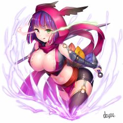 Rule 34 | 1girl, :q, black thighhighs, breasts, cleavage, doyouwantto, green eyes, heterochromia, hood, katana, kunai, large breasts, looking at viewer, midriff, multicolored hair, navel, o-ring, original, pink eyes, pink hair, purple hair, scarf, short hair, signature, skirt, solo, sword, thighhighs, tongue, tongue out, weapon