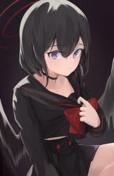 Rule 34 | 1girl, absurdres, black hair, black sailor collar, black serafuku, black skirt, black wings, blue archive, bow, bowtie, choker, closed mouth, clothes pull, crop top, hair between eyes, halo, high-waist skirt, highres, light particles, long sleeves, looking at viewer, mashiro (blue archive), purple eyes, red bow, sailor collar, school uniform, serafuku, shirt pull, short hair, simple background, skirt, solo, winged halo, wings, yanagi 6456