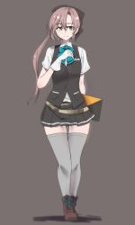 Rule 34 | 10s, 1girl, absurdres, akigumo (kancolle), alternate costume, black bow, black skirt, black vest, blouse, blue bow, blue ribbon, blurry, bow, bowtie, brown footwear, brown hair, buttons, closed mouth, eyebrows, full body, gloves, green eyes, grey background, grey thighhighs, hair between eyes, hair bow, highres, holding, holding pencil, kantai collection, long hair, mole, mole under eye, pencil, pleated skirt, pocket, ponytail, ribbon, shadow, shirt, shoes, short sleeves, simple background, skirt, smile, solo, standing, tanaka keiji, thighhighs, vest, white gloves, white shirt, wide hips, zettai ryouiki