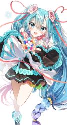 Rule 34 | 1girl, :d, black footwear, black skirt, blue eyes, blue hair, blush, commentary request, flower, gradient hair, hair between eyes, hair flower, hair ornament, hatsune miku, highres, long hair, long sleeves, looking at viewer, magical mirai miku, magical mirai miku (2021), multicolored hair, open mouth, pentagon (railgun ky1206), pink hair, pleated skirt, purple hair, shoes, sidelocks, simple background, skirt, smile, solo, standing, standing on one leg, teeth, twintails, upper teeth only, very long hair, vocaloid, white background, white flower, wide sleeves
