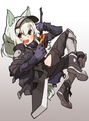 Rule 34 | 1girl, amonitto, animal ear fluff, animal ears, arknights, armored boots, black coat, black pants, blue gloves, boots, bracer, coat, full body, gloves, gradient background, grani (arknights), green hair, holding, holding polearm, holding weapon, light blush, long hair, looking at viewer, open mouth, pants, polearm, smile, solo, spear, tail, teeth, thigh strap, upper teeth only, visor cap, weapon