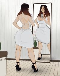 Rule 34 | 1girl, absurdres, ass, back, black footwear, breasts, brown hair, cellphone, cleavage, curvy, dress, forehead, full body, green lips, grey dress, hand on own hip, high heels, highres, holding, holding phone, huge ass, huge breasts, indoors, kneepits, lip piercing, lipstick, long hair, makeup, mirror, nero (neroartbox), no bra, original, phone, piercing, pink eyes, reflection, selfie, sideboob, smartphone, solo, stiletto heels, taking picture, taut clothes, taut dress, thick eyebrows, white dress