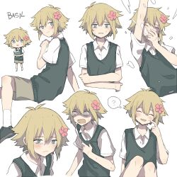 Rule 34 | 1boy, ?, antenna hair, arm up, basil (faraway) (omori), basil (omori), blonde hair, blush, character name, chibi, closed eyes, closed mouth, collared shirt, covering own mouth, crying, crying with eyes open, expressions, flower, green footwear, green sweater vest, hair between eyes, hair flower, hair ornament, hand on own arm, hand on own chest, inuko (ink0425), knees up, looking at viewer, omori, open mouth, pink flower, scared, shaded face, shirt, short hair, short sleeves, shorts, sitting, smile, socks, solo, spoken question mark, sweat, sweater vest, tears, white background, white shirt, white socks